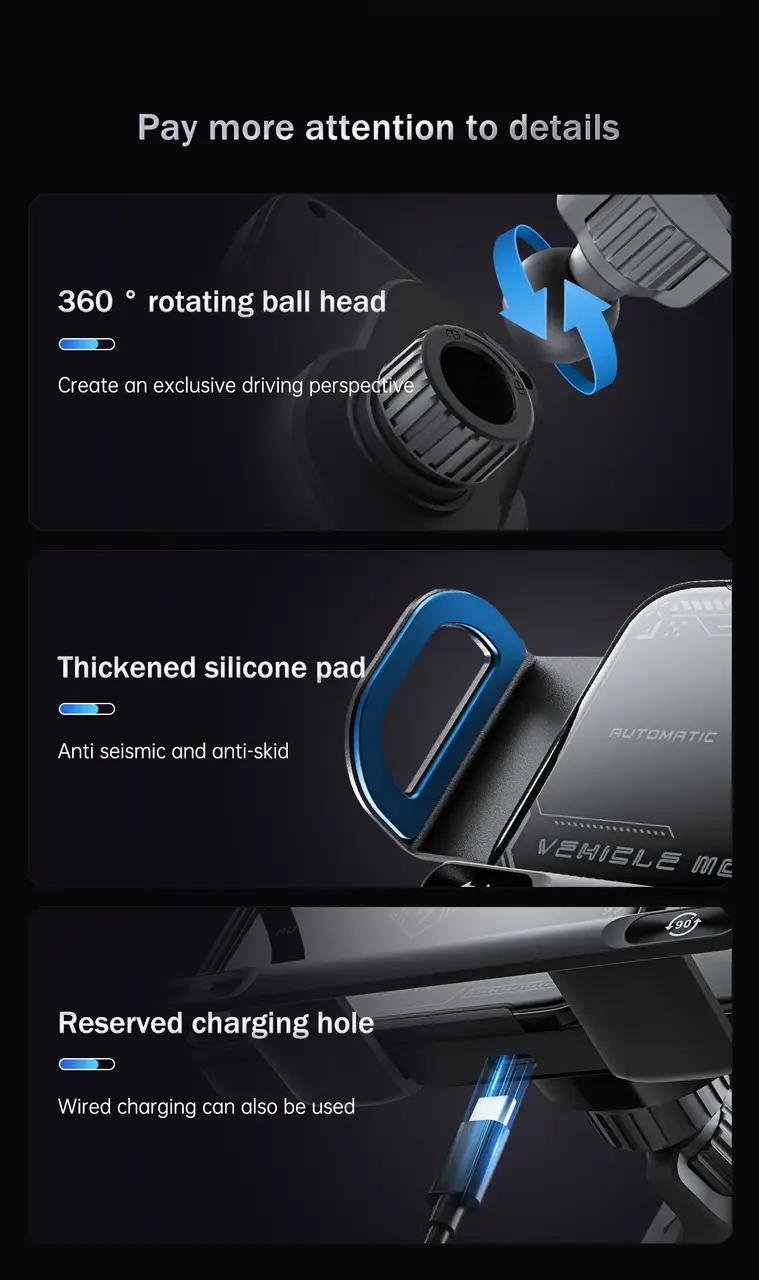 360° ball head, thickened silicone pad and reserved charging hole